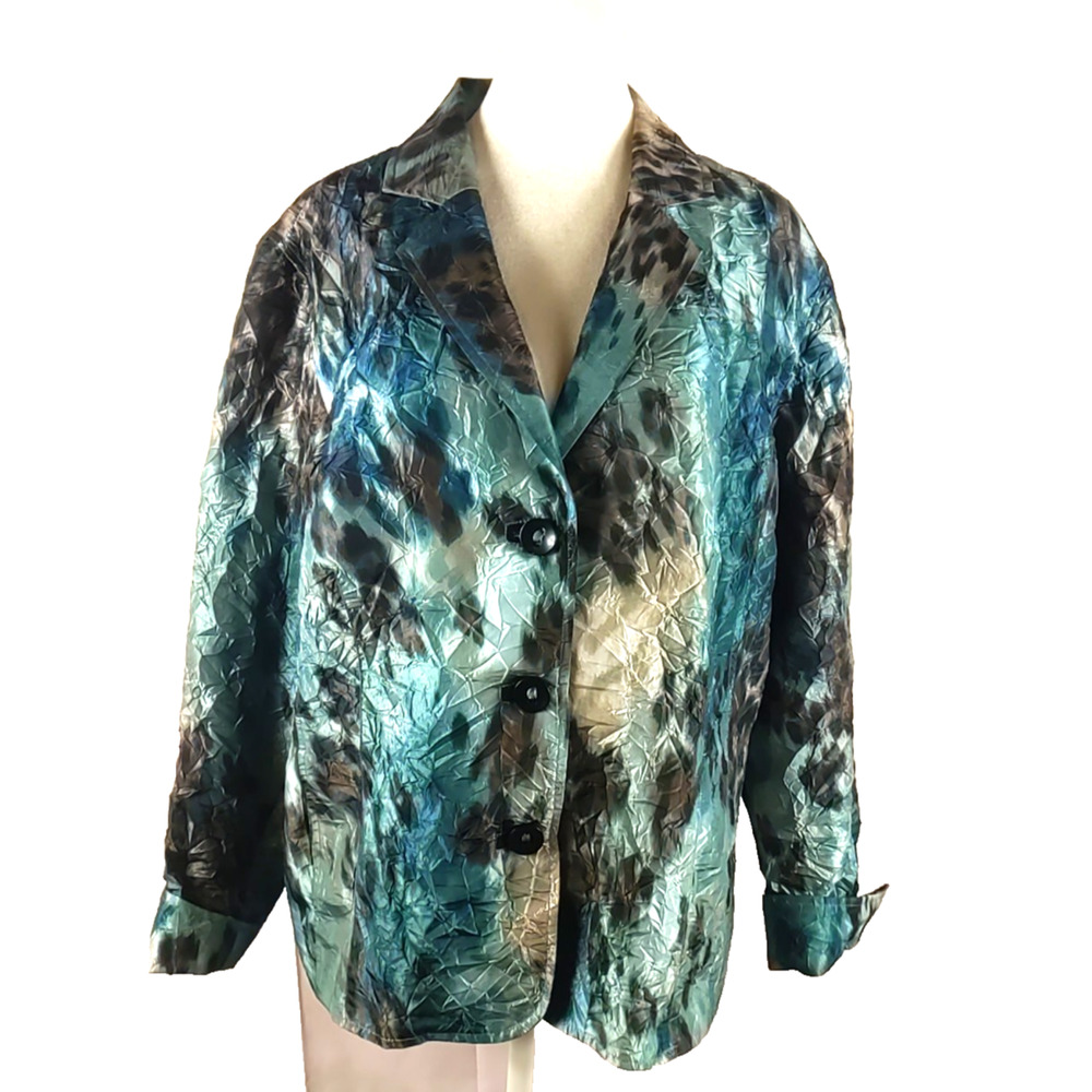 Chico's Women's Blazer Jacket Size 3 Blue Green Leopard Print Elegant Party
